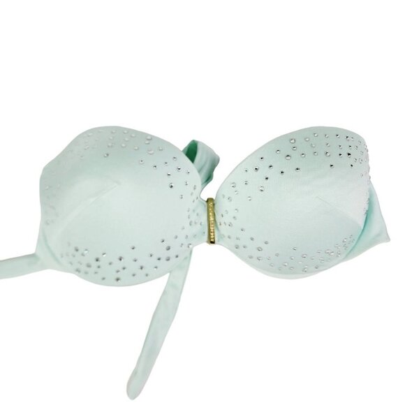 Victoria Secret Aqua Blue Rhinestone Bling Padded Strapless Bikini Swim Top 36B - Picture 1 of 7